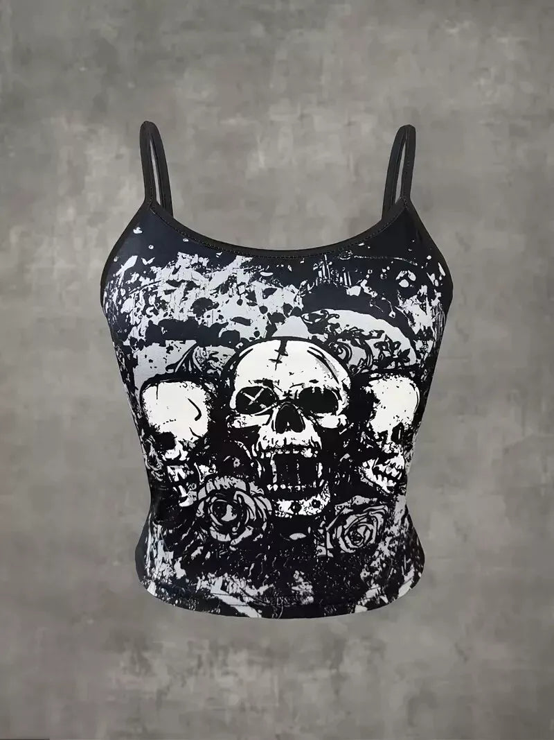 Cami Top Crop Top Skull Rose Print Tops