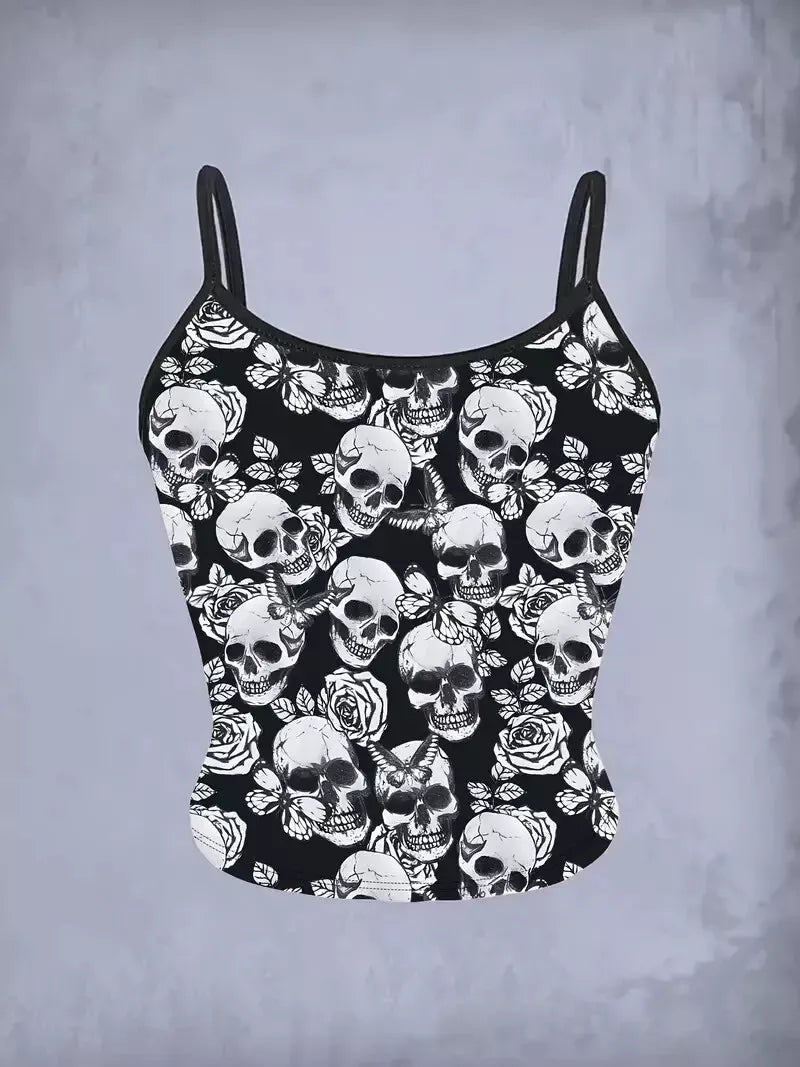 Gothic Industrial Heavy Metal Skull Print Cami Top