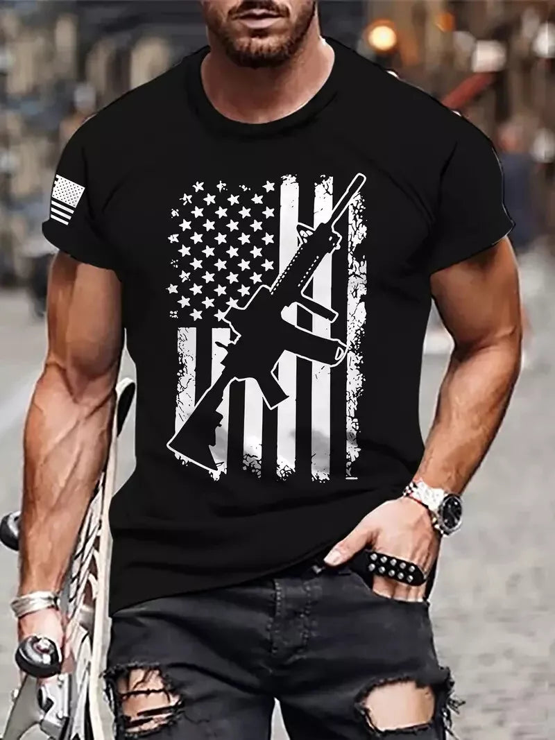 Gun and Flag Mens Crew Neck T-Shirts T-Shirt XL