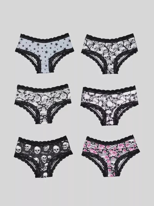 Six Pack Skull Print Floral Lace Hipster Panites