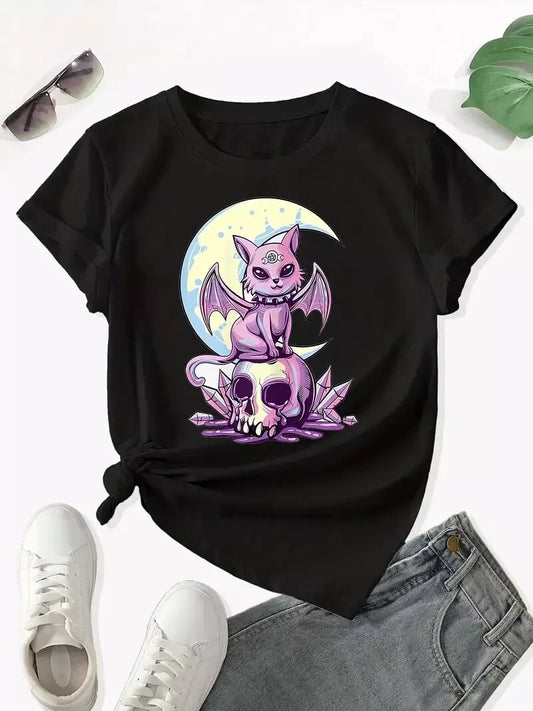 Witchy Cat & Skull Print Top T-Shirt, Casual Short Sleeve Cute