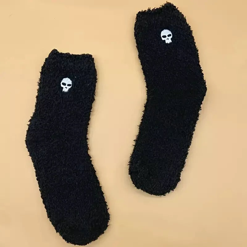 Women's Fuzzy Embroidered Skull Socks