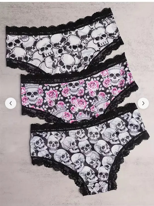 3 Pack Womens Hipster Skull Panties Theme Panties, Lace Trim, Comfortable, Underwear