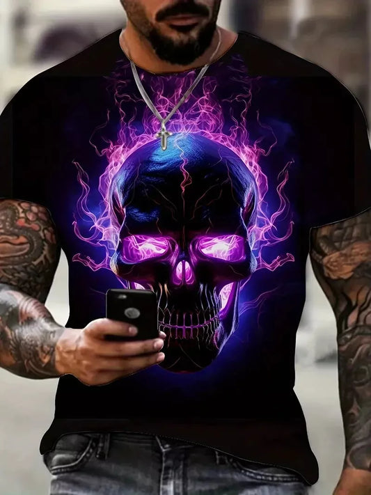 Skull Pattern 3D Print T-Shirt, Men's Casual Street Style Stretch Round Neck