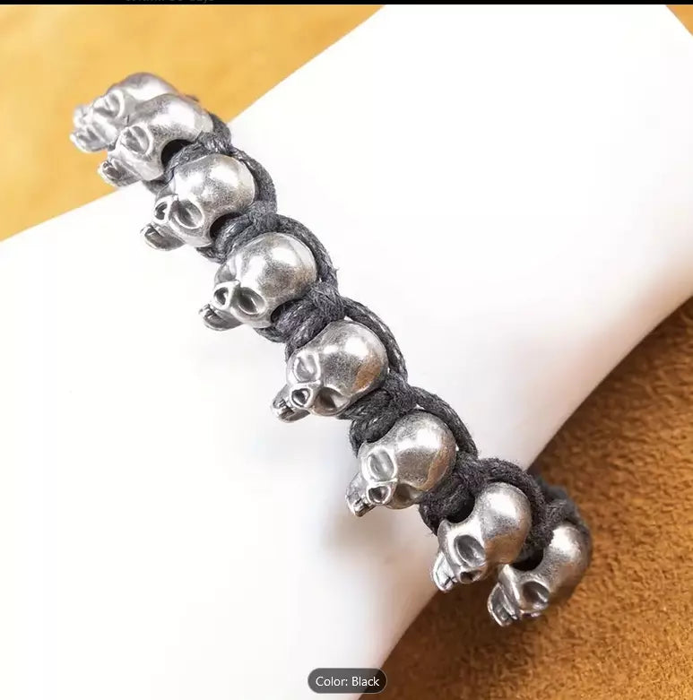 Bracelet, Punk Gun Metal Skulls, Halloween Jewelry, Men, Women, Cool, Adjustable