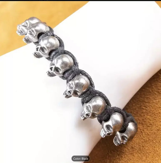 Bracelet, Punk Gun Metal Skulls, Halloween Jewelry, Men, Women, Cool, Adjustable