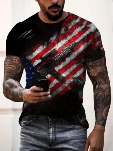 3D American Flag and Gun Graphic T-Shirts T-shirt Mens Crew Neck